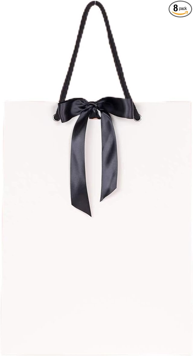 PAPERIST 8pcs Elegance White Gift Bag with Black Satin Bows Ribbon, Sturdy Durable Thick Gift Bag, Gift bag for Wedding, Christmas, Birthday Party, Bridal Shower, Baby Shower