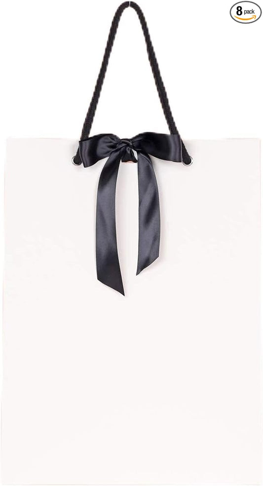 PAPERIST 8pcs Elegance White Gift Bag with Black Satin Bows Ribbon, Sturdy Durable Thick Gift Bag, Gift bag for Wedding, Christmas, Birthday Party, Bridal Shower, Baby Shower