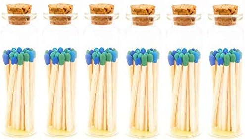 River Birch Decorative Matches in a Bottle with Striker - Cute & Colored Matches - 6 Bottles, Sea Glass Tip, 120 Matches
