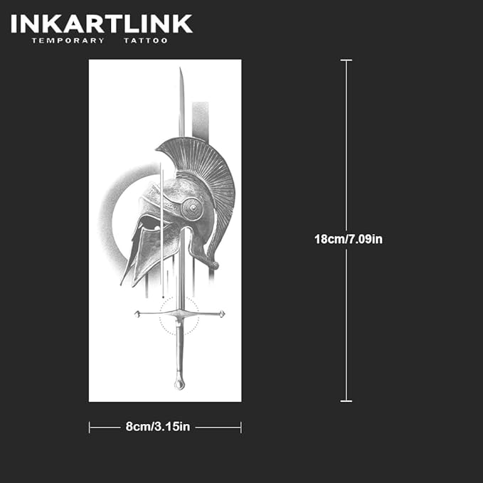 INKARTLINK Tattoo Tech, 2 Sheets Medium Semi Permanent Tattoo, Adult Art Design Temporary Tattoos, Lasts 1-2 Weeks, Waterproof, Realistic Look, No Reflection (Helmet And Sword)