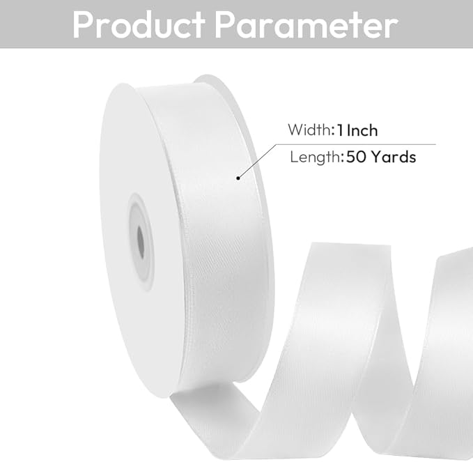 1" Width x 50 Yards Satin Fabric Ribbon, White Ribbon Perfect for DIY Bows, Swags, Gift Wrapping, Craft, Flower Bouquet，Christmas and Party Decoration