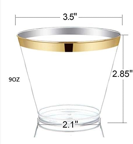 Perfect Settings 110 Gold 1 Line Clear Plastic Cups 9 Ounce- Holiday Wedding Party Elegant Trimmed Disposable Cups - Fancy Wedding Cups