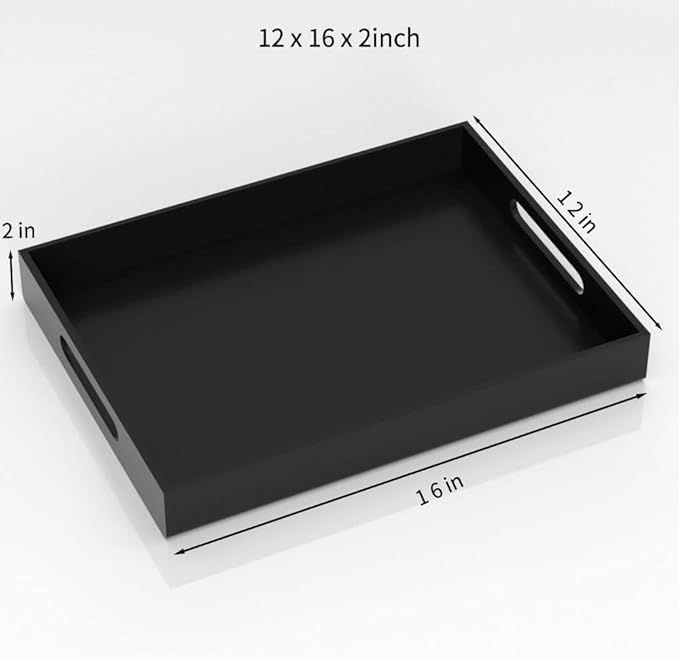 NIUBEE Acrylic Serving Tray 12x16 Inches -Spill Proof- Decorative Tray Organiser for Ottoman Coffee Table Countertop with Handles - Black