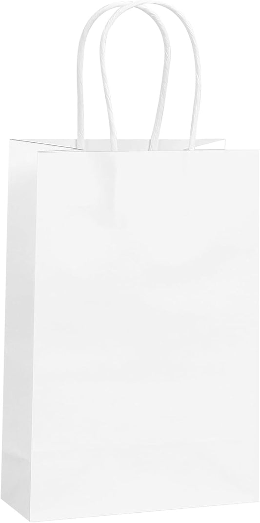 REMTAP Kraft Paper Bags with Handles - Bulk Gift Bags for Wedding, Party, Retail Packaging - White, 100pcs, 5.2 * 3.7 * 8.2