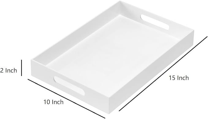 Glossy White Sturdy Acrylic Serving Tray with Handles 10x15x2H Inches -Spill Proof- Decorative Trays Countertop Organizer for Ottoman Coffee Table Nightstand, sidetable, Breakfast, Tea, Food