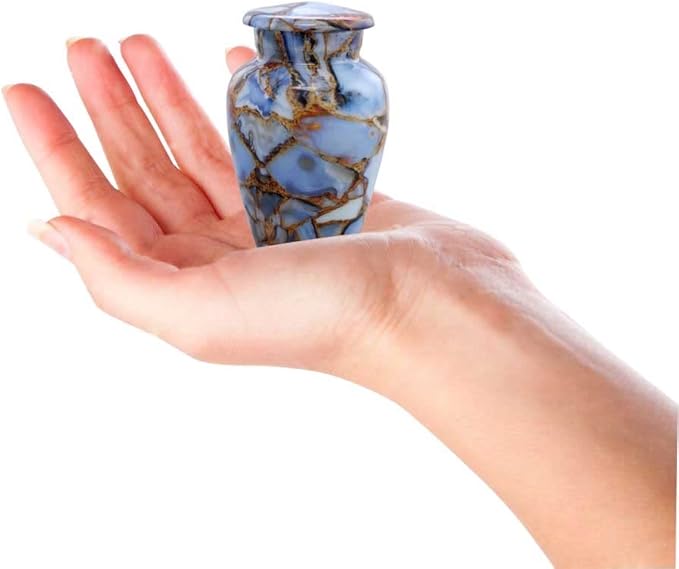 Small Keepsake Cremation Urns for Human Ashes - Marble Finish Metal Keepsake Urn - Mini Cremation Urn for Pet Ashes - Handcrafted Memorial Urn - Funeral Urns with Velvet Bag (Luxury Blue)