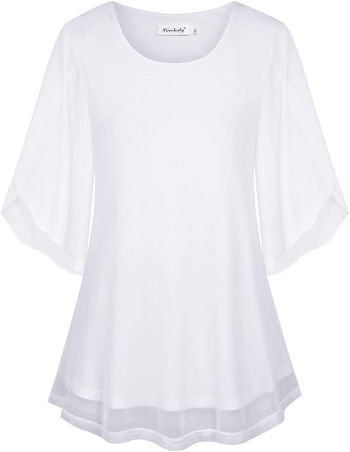 Ninedaily Women's Tops 3/4 Sleeve Blouses Dressy Casual Double Layers Mesh Tunic Shirts