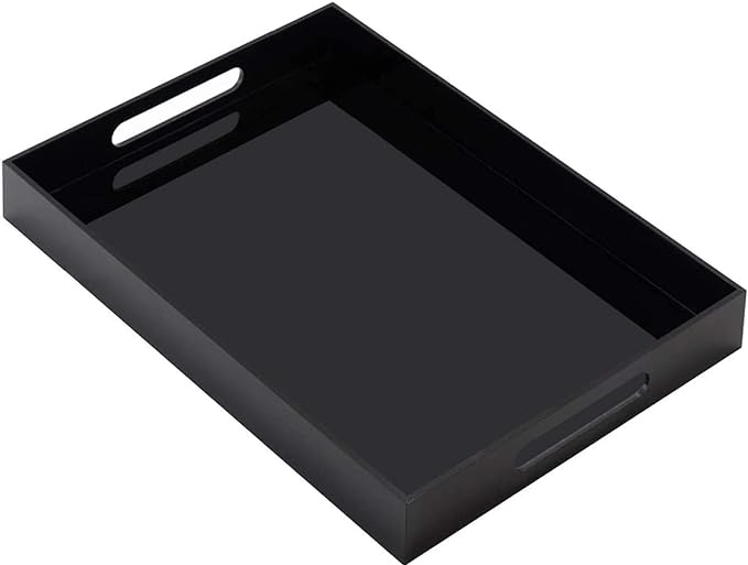Durable Rectangular Breakfast Serving Tray - 5MM Thick Waterproof Acrylic Serving Platter with Handles for Coffee, Tea, Food - Elegant Decorative Tray (Black Tray-16''x12'')