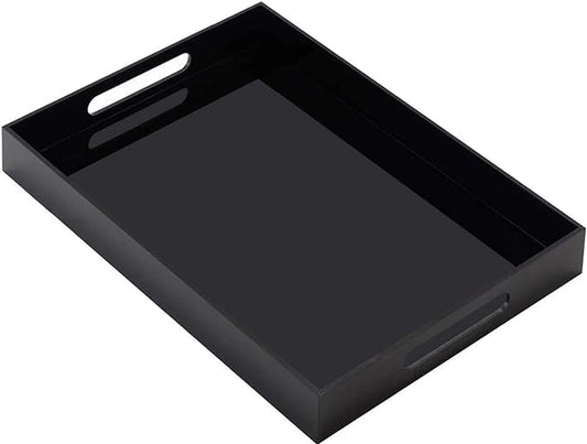 Durable Rectangular Breakfast Serving Tray - 5MM Thick Waterproof Acrylic Serving Platter with Handles for Coffee, Tea, Food - Elegant Decorative Tray (Black Tray-16''x12'')