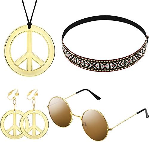 WILLBOND 4 Pcs 70s Accessories Women Hippie Costume Set - Sunglasses, Necklace Earrings, Headband, Outfits for Carnival Halloween 70s 60s Party Accessories