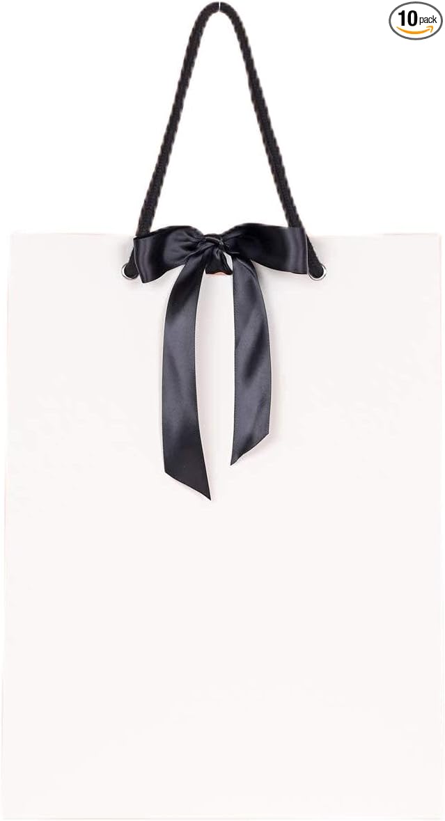 PAPERIST 10pcs Elegance Gift Bag with Satin Bows Ribbon, Sturdy Durable Thick Gift Bag, White gift bag with Black handle and Ribbon, Gift bag for Wedding, Christmas, Birthday Party, Bridal Shower