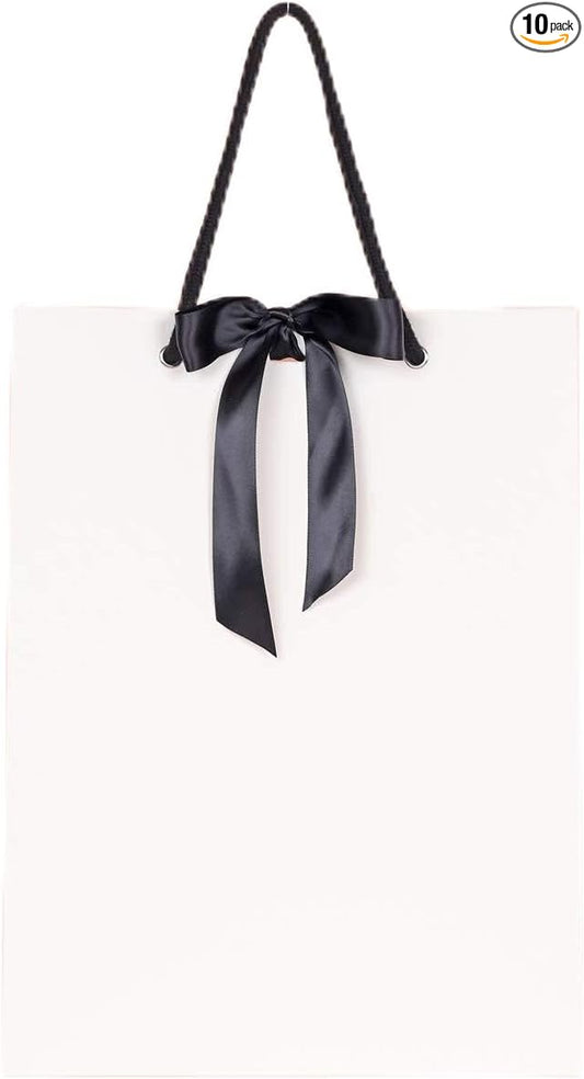 PAPERIST 10pcs Elegance Gift Bag with Satin Bows Ribbon, Sturdy Durable Thick Gift Bag, White gift bag with Black handle and Ribbon, Gift bag for Wedding, Christmas, Birthday Party, Bridal Shower