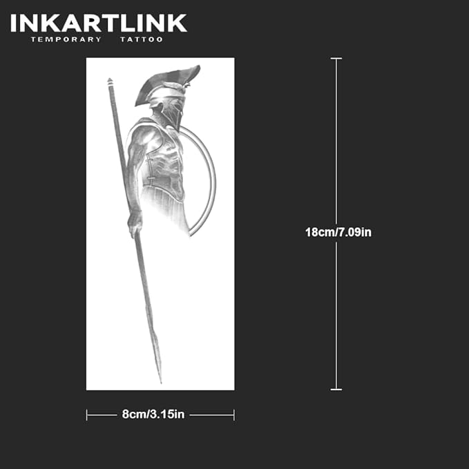 INKARTLINK Tattoo Tech, 2 Sheets Medium Semi Permanent Tattoo, Adult Art Design Temporary Tattoos, Lasts 1-2 Weeks, Waterproof, Realistic Look, No Reflection (Hoplite)