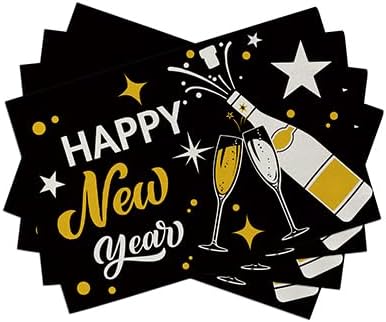 Seliem Happy New Year 2026 Black Gold Placemats Set of 4, Golden Champagne Stars Celebration Dining Table Place Mats, Christmas Kitchen Decor Home Decoration 12 x 18 Inch