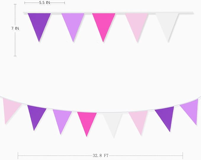 10M/32Ft Rose Pink Purple White Pennant Banner Fabric Triangle Flag Bunting Garland for Baby Shower Birthday Wedding Anniversary Party Home Nursery Outdoor Garden Hanging Festivals Decorations