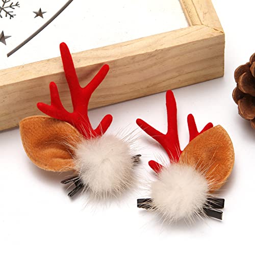 Christmas Reindeer Antlers Headband Brown Red Deer Ears Clips with Elk Fluff Red Antler Design Party Xmas Deer Antlers Decor Holiday Costume Hairpin for Women Ear Decoration