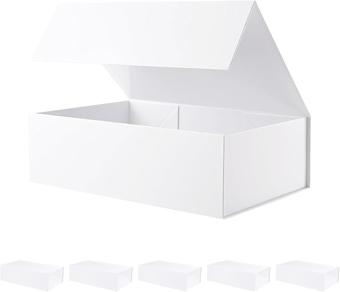 BLK&WH 6 Collapsible Gift Boxes - 13.5x9x4.1 Inches, White, Large with Lids - Bridesmaid Proposal Boxes for Gift Packaging