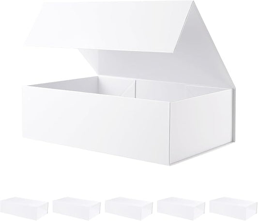 BLK&WH 6 Collapsible Gift Boxes - 13.5x9x4.1 Inches, White, Large with Lids - Bridesmaid Proposal Boxes for Gift Packaging