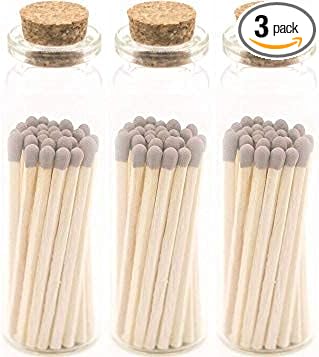 River Birch Decorative Matches in a Bottle with Striker - Cute & Colored Matches - 3 Bottles, Gray Tip, 60 Matches