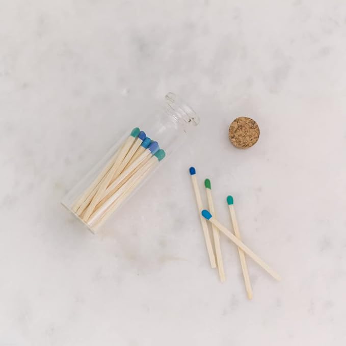 River Birch Decorative Matches in a Bottle with Striker - Cute & Colored Matches - 6 Bottles, Sea Glass Tip, 120 Matches