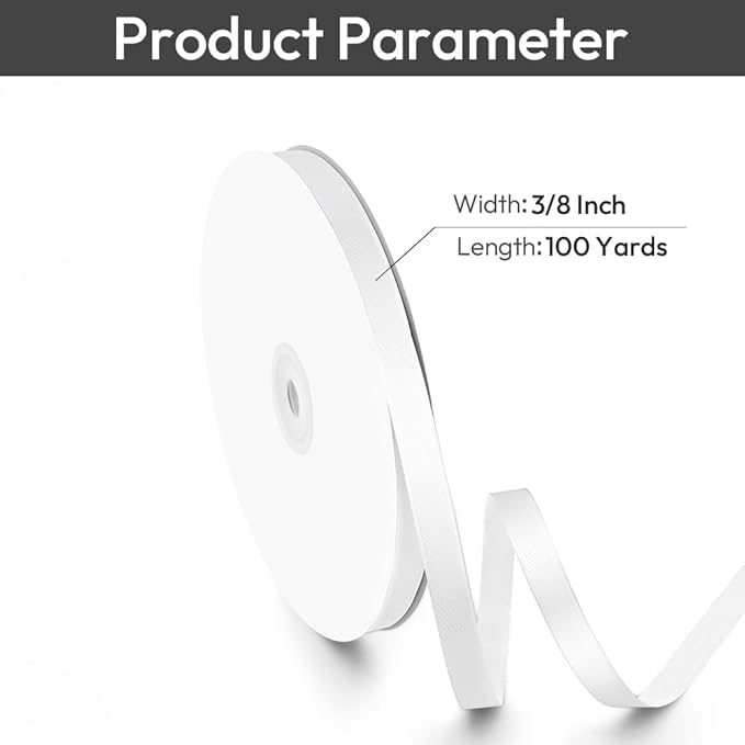 3/8" Width x 100 Yards Satin Ribbon, Small White Ribbon Perfect for DIY Craft, Bows, Gift Wrapping, Flower Bouquet, Valentine's Day, Christmas and Party Decoration