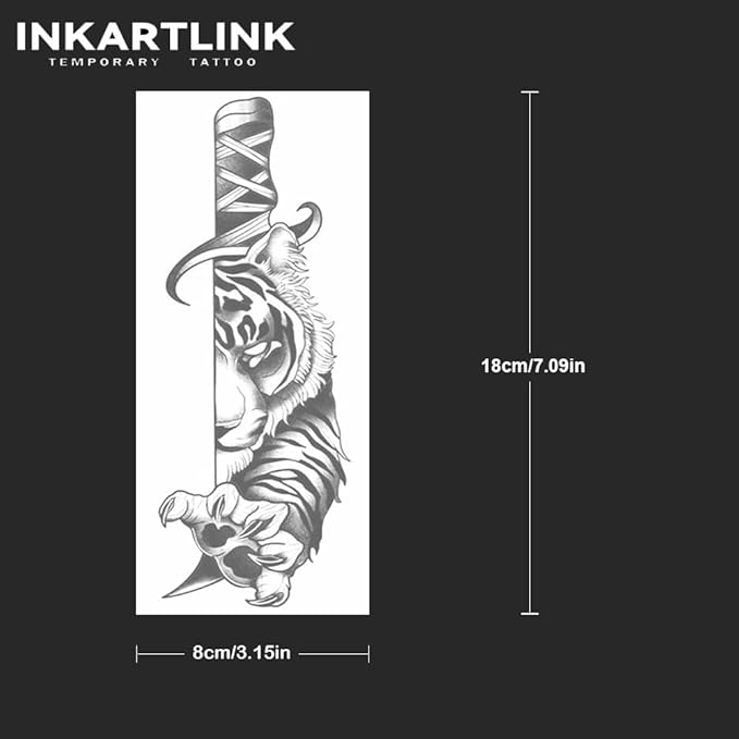 INKARTLINK Tattoo Tech, 2 Sheets Medium Semi Permanent Tattoo, Adult Art Design Temporary Tattoos, Lasts 1-2 Weeks, Waterproof, Realistic Look, No Reflection (Tiger Sword)