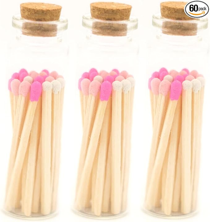 River Birch Decorative Matches in a Bottle with Striker - Cute & Colored - 3 Bottles, Shades of Pink Tip, 60 Matches