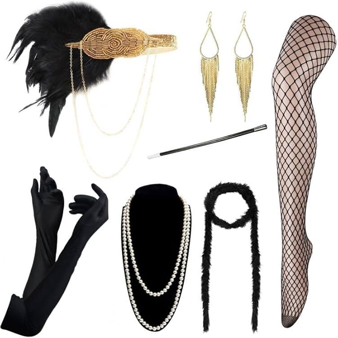 DRESHOW 1920s Great Gatsby Accessories for Women Flapper Headpiece Headband Gloves Costume Harlem Nights Accessories Set