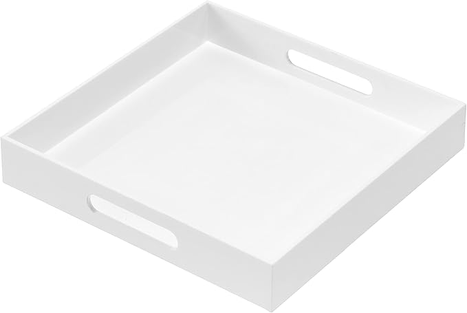 Glossy White Acrylic Serving Tray with Handles, 12x12x2H Inches - Spill Proof, Decorative Trays for Countertop, Ottoman Coffee Table, Nightstand, Breakfast, Tea, Food