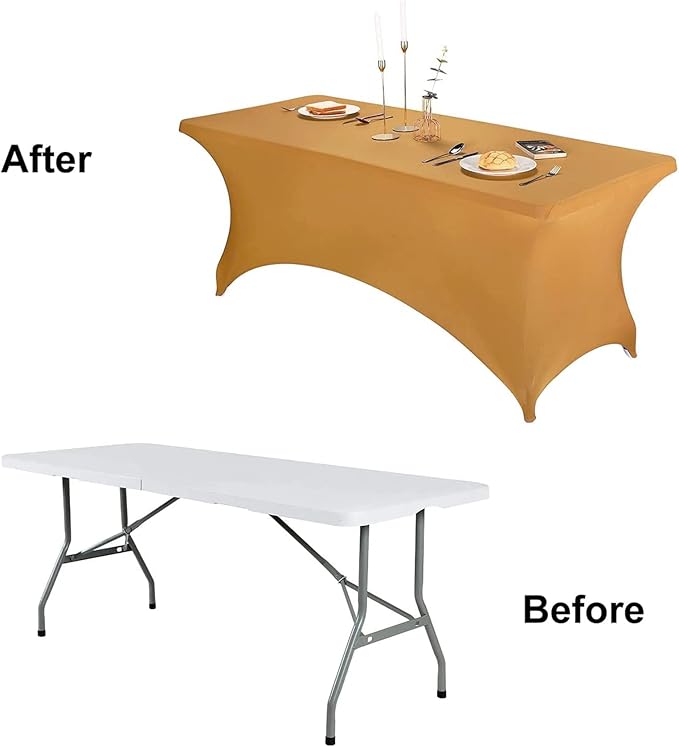 FORLIFE 4Pack Spandex Table Covers，Fitted Tablecloth for Rectangular Tables, Stretch Patio Table Covers, Universal Spandex Table Cover for Wedding, Banquet, Party (6ft, Gold)