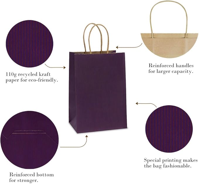 BagDream Gift Bags 100Pcs 5.25x3x8 Small Kraft Paper Gift Bags with Handles Bulk, Purple Paper Sacks for Small Business, Retail, Merchandise, Grocery, Wedding Birthday Party favor