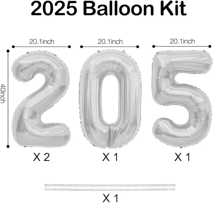 2025 Balloons, 40 Inch 2025 Number Balloons, 2025 Silver Balloons, Large Foil Happy New Year Balloons for New Year Eve Party Supplies 2025, New Years Decorations 2025, Christmas, Wedding, Birthday