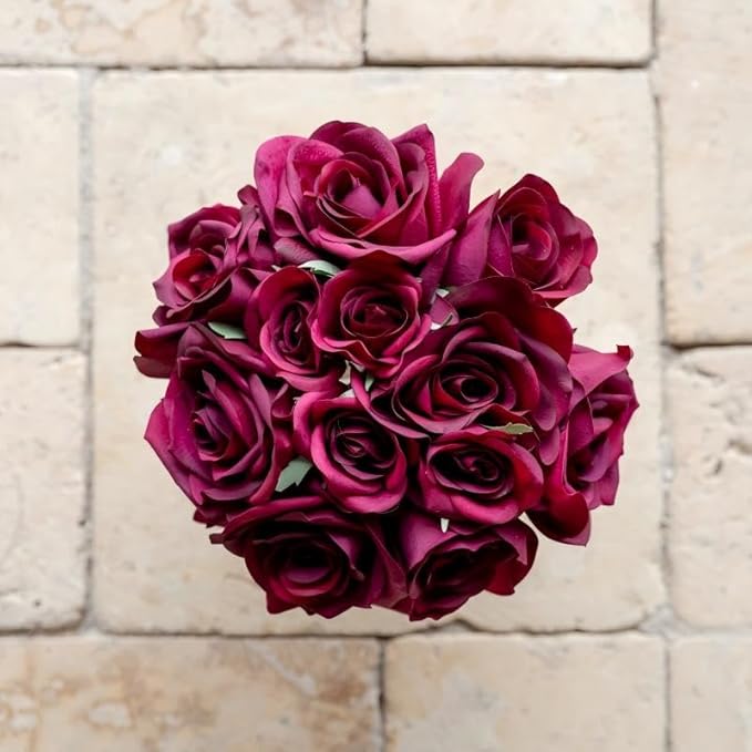 12-Piece Faux Real Touch Rose Bouquet with Ceramic Vase, Fake Flowers in Vase, Artificial Flowers for Home, Wedding, Bridal Bouquet, Party & Dining Table Centerpiece Decor (Burgundy, 10" High)