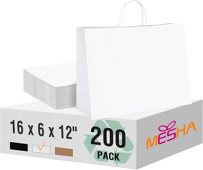 MESHA Gift Paper Bags 200 Pack 16X6X12 White Large Shopping Kraft Bags Bulk with Handles Reusable for Business,Grocery,Birthday,Wedding,Kids Party,Favors