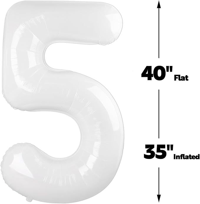 Large White 40 Inch Birthday Number 5 Balloon, White Five 5th 15 25 35 50 55 Birthday Anniversary Celebration Decorations, Foil Mylar Helium Numbers 5 Balloons Girl Boy Party Supplies