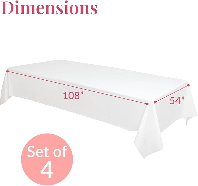 Prestee 4 Pack Plastic Table Cloth Disposable - 108" x 54" White Table Cloth Rectangle Table Cover - Heavy-Duty Waterproof Disposable Tablecloths for Weddings, Parties, BBQs, and Outdoor Dining Events