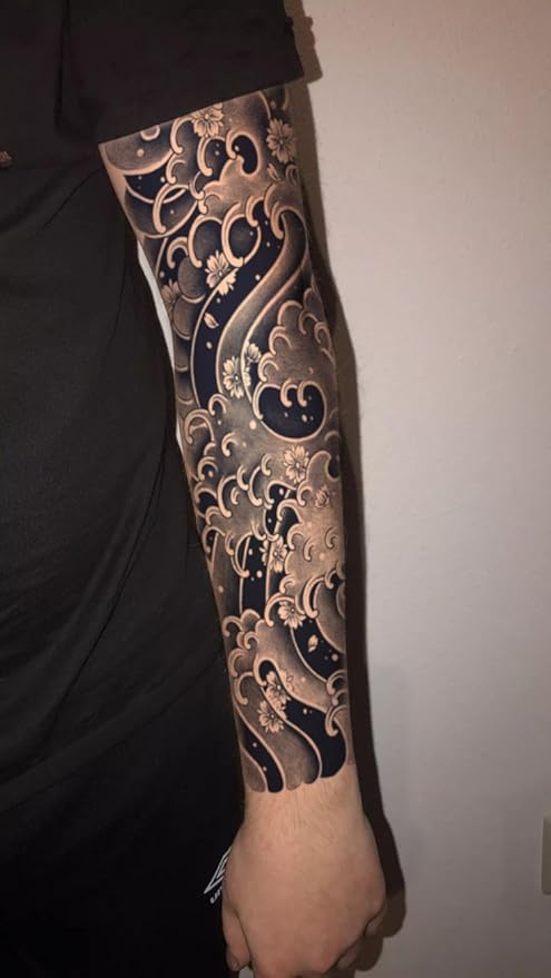 INKARTLINK Semi Permanent Tattoo, 2 Pieces Full Arm Large Size Art Party Tattoos, Comes with a Pair of Anti-Transfer Sleeves, Lasts 7-15 Days, Waterproof (Japanese Ocean Wave Tattoo)