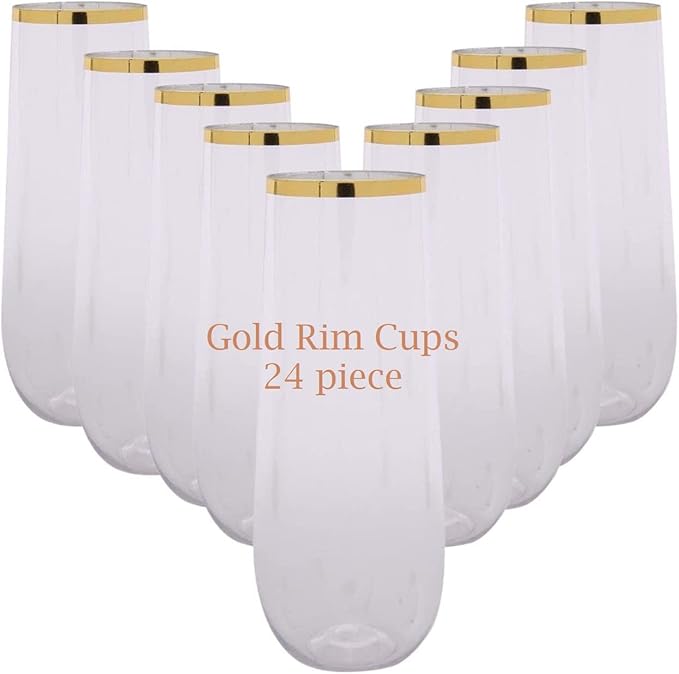 24 piece pack 9 oz Champagne Flutes Stemless Disposable cups Unbreakable Crystal Clear Plastic Mimosa Glasses Set of 24 ideal for Wedding Birthday (9 Ounce - Gold Rim)
