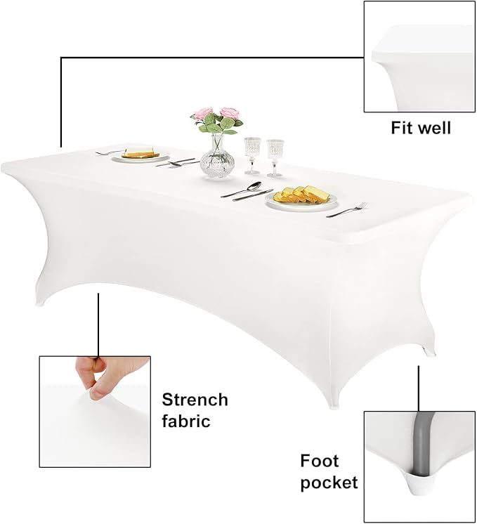 FORLIFE 4Pack Spandex Table Covers ，Fitted Tablecloth for Rectangular Tables, Stretch Patio Table Covers, Universal Spandex Table Cover for Wedding, Banquet, Party (8ft, White)