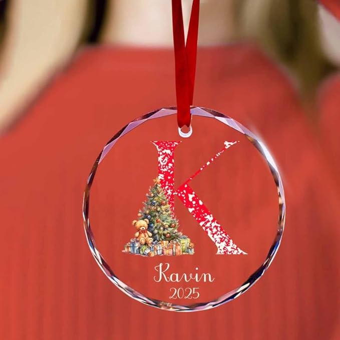 Personalized Round Christmas Crystal Glass Ornaments Custom 2025 Name Ornament for Christmas Tree Decorations Customized Xmas Tree Hanging Gifts for Family Friends