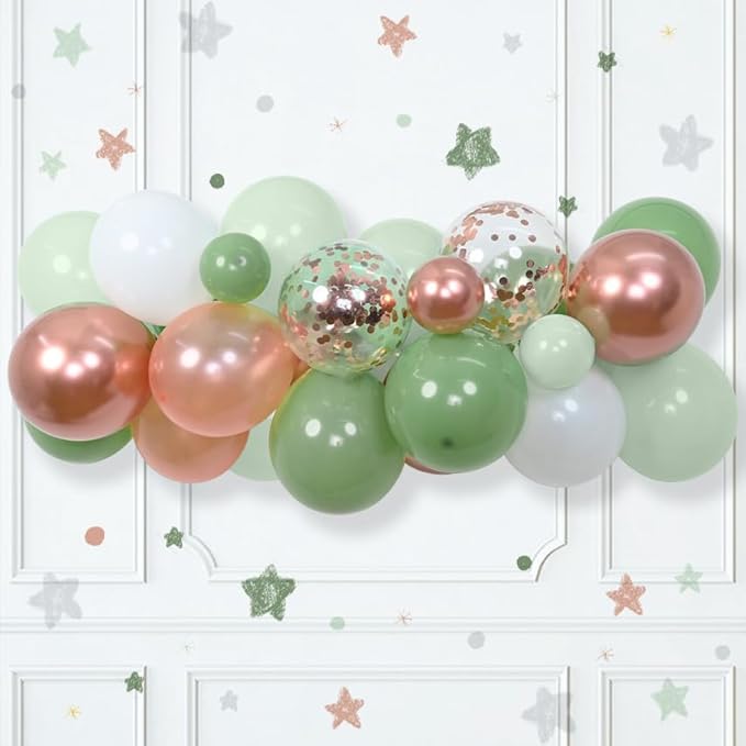 Sage Green and Rose Gold Balloons, 12 Inch Avocado Green Metallic Rose Gold Confetti Balloons, Retro Green White Balloons for Birthday Wedding Baby Shower Jungle Safari Party Decoration