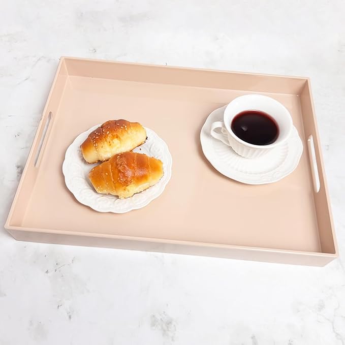 Beige Decorative Tray, Rectangular Large Serving Tray with Handles, Plastic Coffee Table Tray for Ottoman, Living Room, Kitchen Tabletop, 15.7” x 11.8” x1.6”