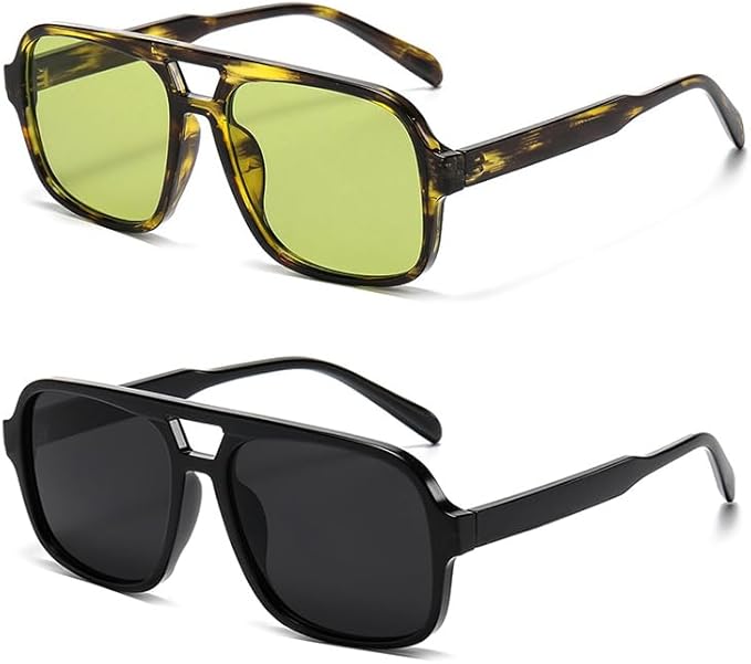 Retro Aviator Sunglasses for Women Men Trendy Classic 70s Square Green Aviator Sun Glasses Vintage Shades