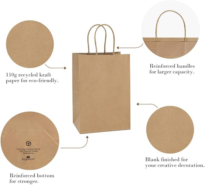 BagDream Gift Bags 100Pcs 5.25x3x8 Small Kraft Paper Gift Bags with Handles Bulk, Brown Paper Sacks for Small Business, Retail, Merchandise, Wedding Birthday Party Favor