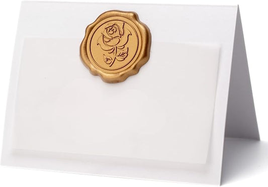 25 Pack Name Cards for Table Setting, Place Cards with Antique Gold Rose Wax Seal Sticker for Wedding, Table Tent Card Stock Handmade Decor for Party, Dinner, Home (Pearlized White)
