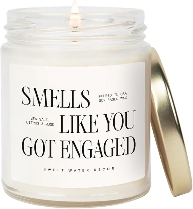 Sweet Water Decor Smells Like You Got Engaged Candle, Engagement Gift for Bride-to-Be Bridal Shower, 9oz Soy Candle with Gold Lid, Non-Toxic, Sea Salt Citrus Musk Amber Scent, Engagement Decorations