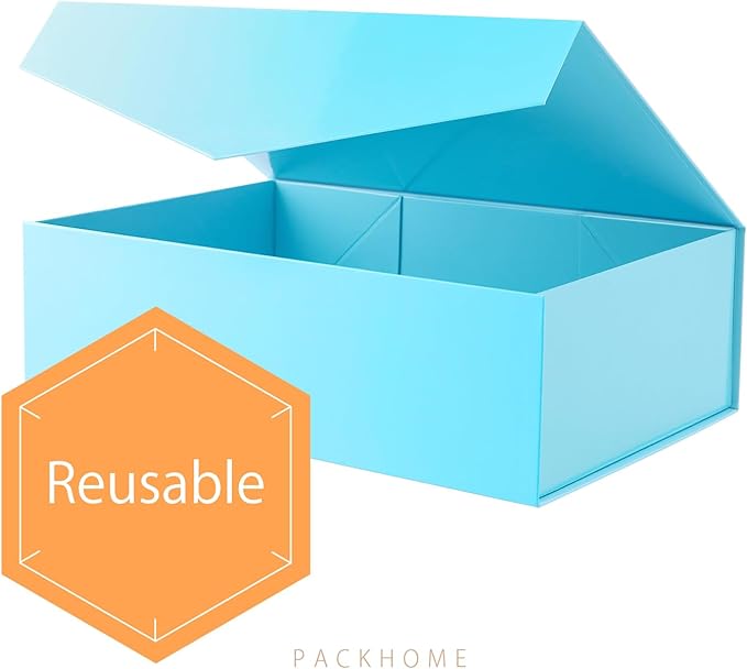 PACKHOME Large Gift Box with Lid 13.5x9x4.1 Inches, Sturdy Collapsible Gift Box with Magnetic Closure (Glossy Blue)