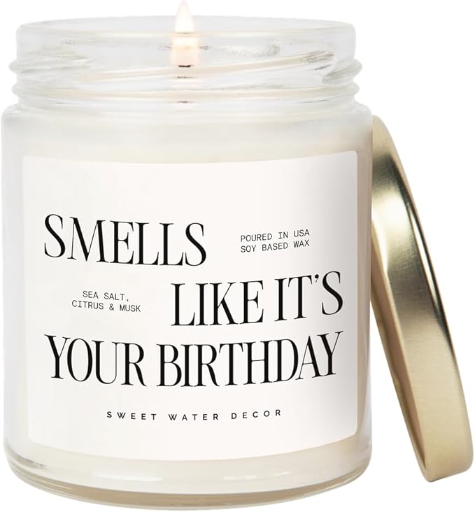 Sweet Water Decor Smells Like It’s Your Birthday Candle 9oz, Soy Non-Toxic Birthday Candle with Gold Lid, Sea Salt Citrus Musk Amber Scent, Fun Birthday Gift for Women, Friends, Mom, Sister, Coworkers