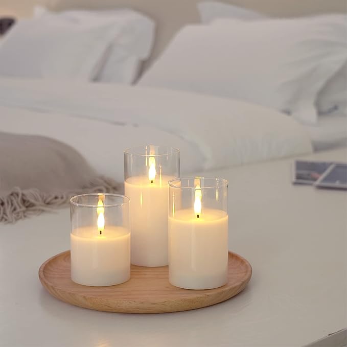 Amagic Clear Glass Flameless Candles Battery Operated with Timer, Remote Control, LED Pillar Candles, Battery Powered, Pure White Wax, Set of 3