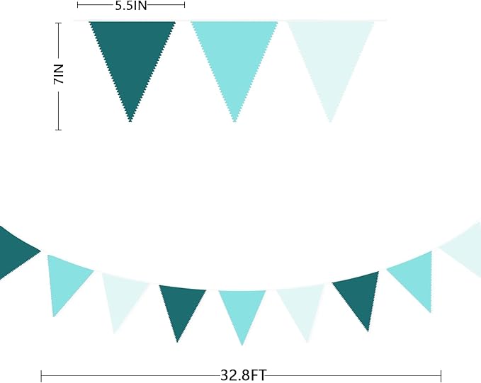 32Ft Teal Party Decorations Dark Green Teal Blue Triangle Banner Flag Pennant Fabric Garland Streamers for Summer Birthday Aqua Green Baby Shower Sea Beach Turquoise Party Outddor Decor Supplies
